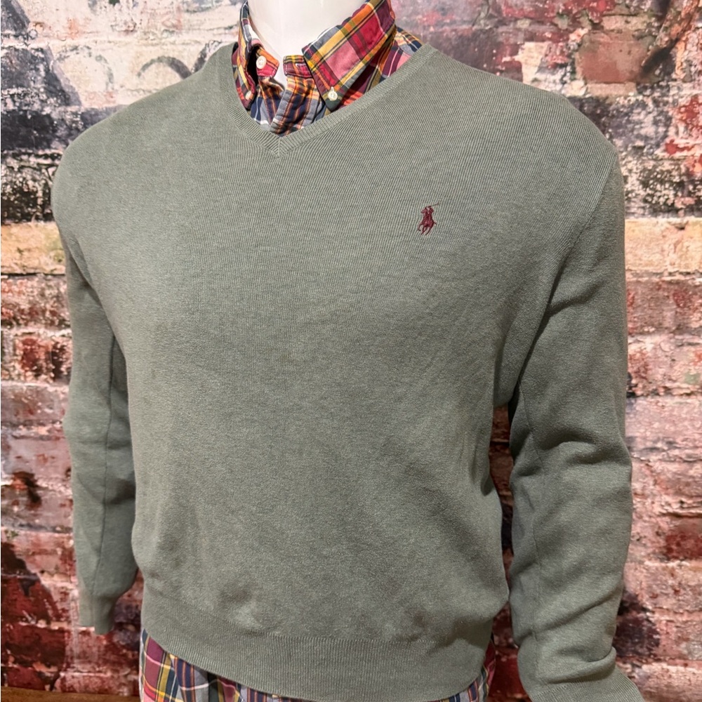 Polo by Ralph Lauren Men's V-Neck Sweater in Sage with polo plaid shirt